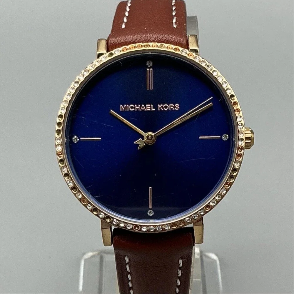 Michael Kors Womens Watch 32mm Blue Dial Brown Leather Crystals New Battery